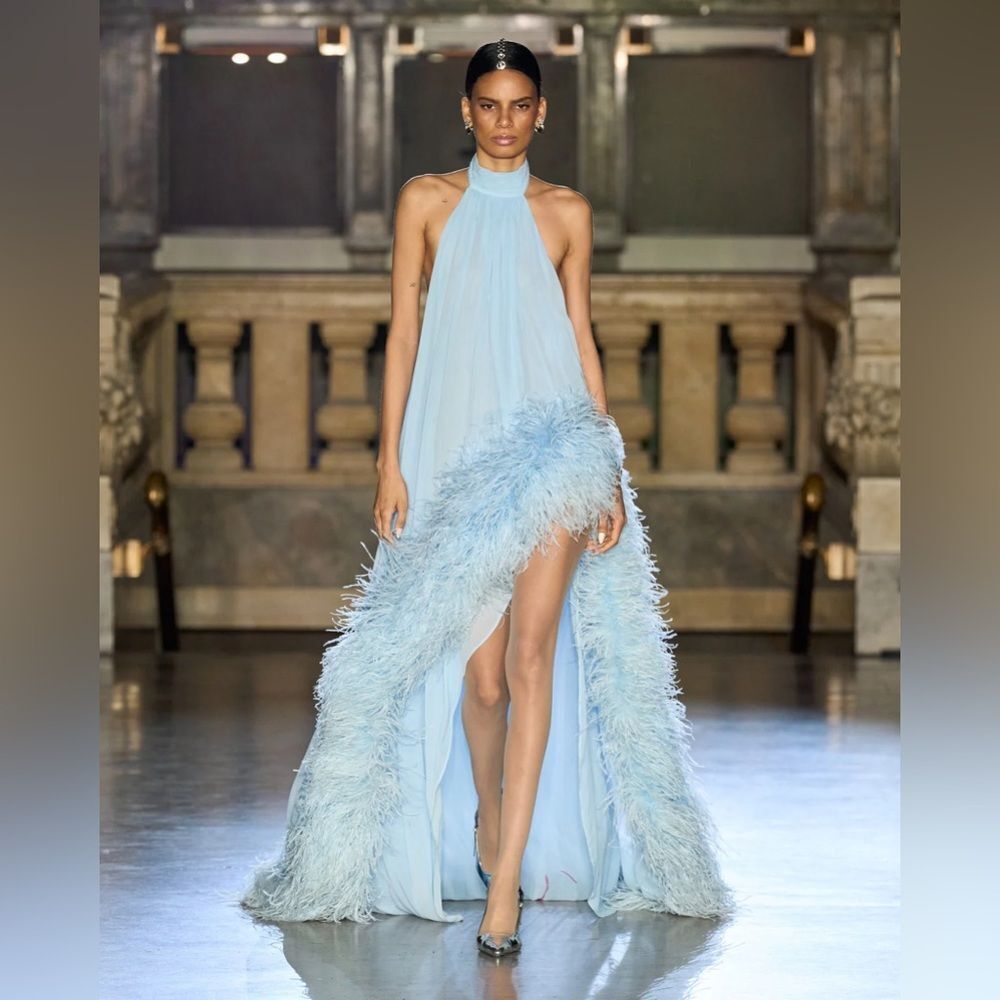 NEW BRONX AND BANCO Madeline Halterneck Gown in Powder Blue Feathered Gown